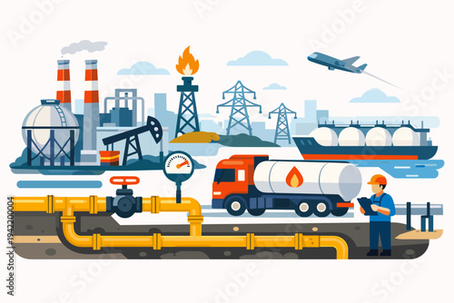 Natural Gas and Oil Industry Infrastructure with Underground Pipeline, Refinery, Fuel Tanker Truck, Cargo Ship, and Worker. Flat Vector Illustration of Energy Production, Transportation, and Delivery