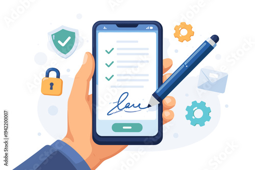 Electronic Contract and Digital Signature via Smartphone App. Hand Holding Mobile Phone Signing Document with Stylus Pen. Online Agreement, Secure Business Transaction Flat Vector Illustration.