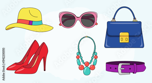 A colorful vector graphic illustration of fashionable accessories including a hat, sunglasses, handbag, high heels, jewelry, and belt.