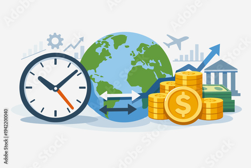Global Economy and Finance Concept Vector Illustration Featuring a Large Clock, Earth Globe, Stacks of Gold Coins, Dollar Currency, Rising Growth Graph, Bank Building, and Airplane for Trade.