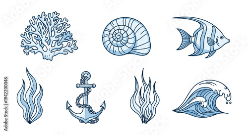 A set of nautical icons including coral, shell, fish, flames, anchor, and waves in a minimalist blue line art style