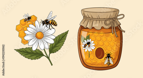 A vector graphic illustration of a honey jar with bees and flowers on a pale background