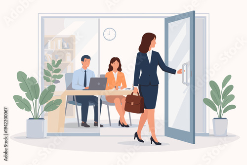 Businesswoman in Professional Suit Entering Modern Office for Job Interview or Meeting with HR Recruiters, Flat Vector Illustration of Corporate Recruitment Process and Career Opportunity Concept