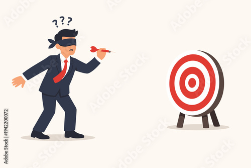 Blindfolded Businessman in Professional Suit Holding a Dart and Attempting to Hit a Bullseye Target with Question Marks Above His Head, Concept of Business Uncertainty, Lack of Vision, and Risk