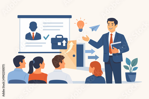Professional Businessman Giving Presentation about Career Advancement and Job Opportunities to a Group of Diverse Employees. Flat Vector Illustration for Corporate Training and Recruitment.