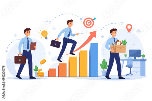 Career growth and job transition concept vector illustration showing a businessman starting a new role, climbing a success bar chart towards a target, and moving to a new office with a box of items