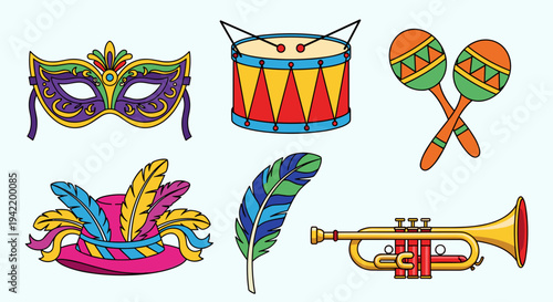 A colorful vector graphic illustration of Mardi Gras party icons and symbols