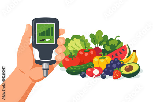 Hand Holding Digital Nitrate Tester Device for Food Safety Analysis of Fresh Organic Vegetables and Fruits Like Tomato, Cucumber, Pepper, Watermelon, and Avocado; Healthy Nutrition Concept.