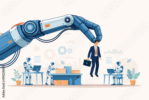 Giant robotic arm lifting a small businessman in a suit, conceptual vector of artificial intelligence and automation replacing human labor in office and warehouse settings with robot workers.