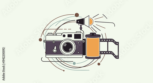 A minimalist vector graphic illustration of a camera and film equipment in a modern design style