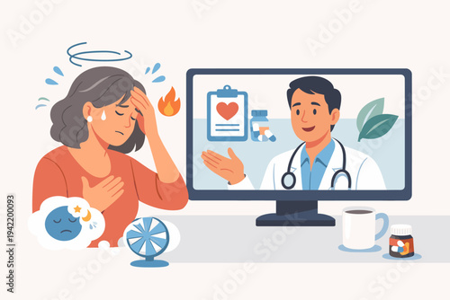 Flat vector illustration of a middle-aged woman with menopause symptoms like hot flashes, sweating, and dizziness consulting a doctor online via telemedicine for medical advice and treatment