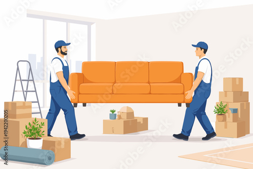 Professional movers in blue uniforms carrying a large orange sofa in a bright modern apartment filled with cardboard boxes, potted plants, a ladder, and a rolled rug. Relocation service concept.