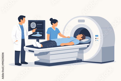 Vector illustration of a radiologist doctor and nurse performing a brain and body scan on a patient using an MRI machine in a modern hospital clinic, medical diagnostic technology concept.