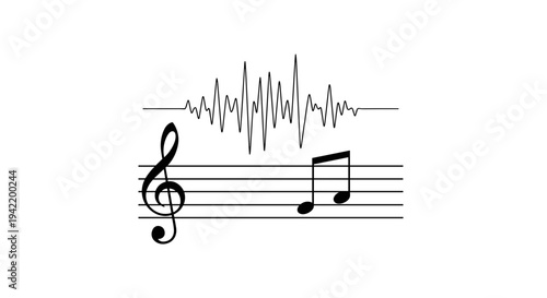 A minimalist vector graphic illustration of a musical treble clef and notes with an ECG heartbeat line on a staff