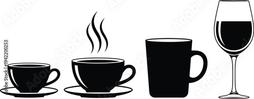 Hot coffee cups and mug with wine glass silhouettes set, black beverage drink icons collection isolated on white background vector illustration