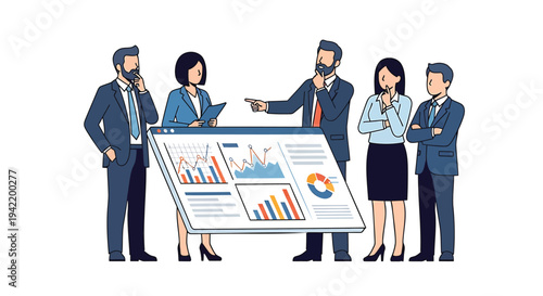 Vector illustration of 5 business people discussing charts and graphs