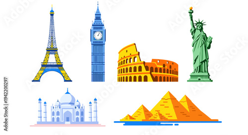 A colorful vector graphic illustration of famous landmarks from around the world