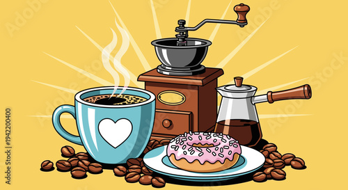 A vibrant illustration of a coffee cup with a heart design surrounded by a coffee grinder, donut, and coffee beans on a bright yellow background.