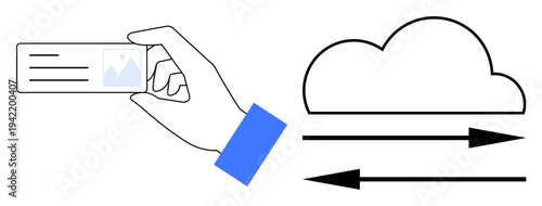 Digital identity, data transfer, cloud storage, authentication, online access, secure exchange. A hand holding an ID card alongside a cloud with arrows. Digital identity and data transfer concept