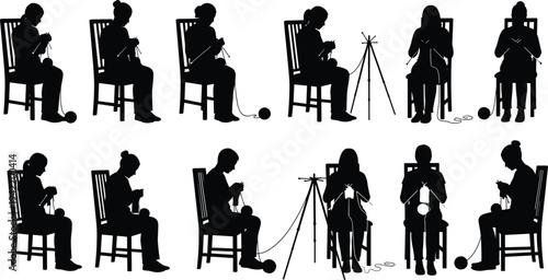 Knitting and crochet hobby silhouettes collection featuring women crafting with yarn and needles, handmade textile art, cozy home activity, isolated black vector set