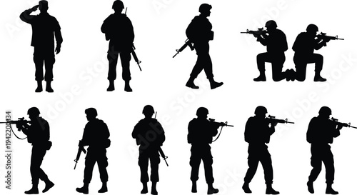 Military soldier silhouettes collection featuring armed troops aiming rifles, tactical combat positions, army patrol actions, defense forces personnel, isolated black vector set