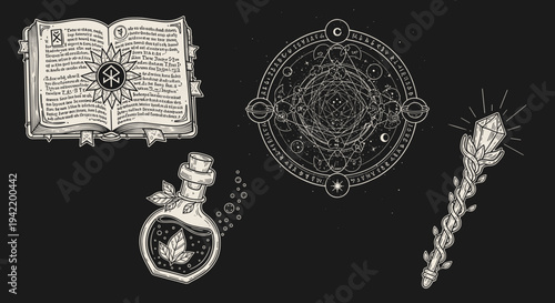 A set of mystical symbols and objects in a vintage style illustration