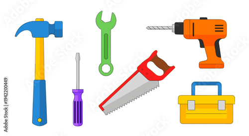 A colorful vector illustration of various tools and equipment for construction and DIY projects