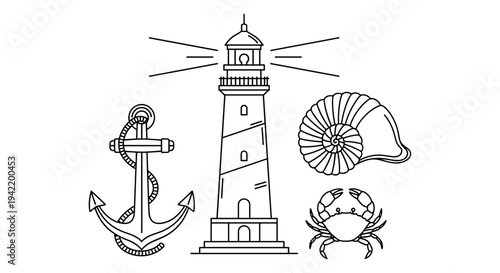 A nautical themed vector graphic illustration featuring a lighthouse, anchor, nautilus shell, and crab