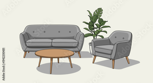A modern living room setup with a gray sofa, armchair, and wooden coffee table, featuring a green plant
