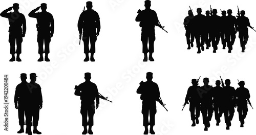 Military soldier silhouettes collection featuring saluting, standing guard, and marching troops with rifles isolated on white background, armed forces personnel set