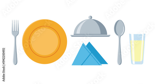 A minimalist vector graphic illustration of a table setting with plate, utensils, and glass