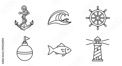 A set of nautical icons including an anchor, wave, ship wheel, buoy, fish, and lighthouse in a simple line art style