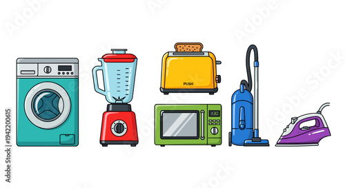 A colorful illustration of various household appliances on a white background