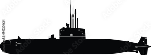 Military submarine silhouette with periscope and missile systems, naval warfare vessel isolated on white background, maritime defense technology illustration
