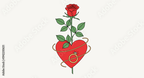 A red heart with a rose and barbed wire in a minimalist vector graphic design