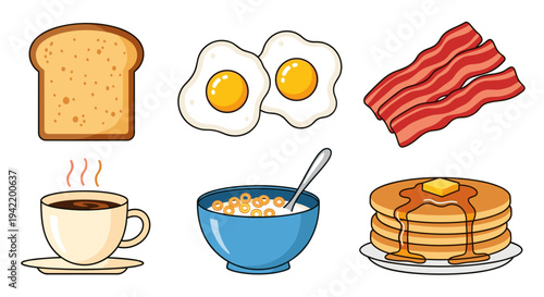 A colorful vector illustration of a delicious breakfast spread on a white background