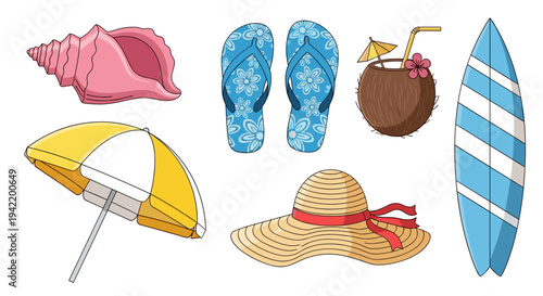 A colorful vector illustration of summer beach icons and accessories