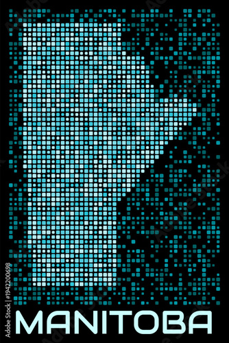Manitoba, Canada digital dotted map. Shape of the province in cyan color palette on dark background. Futuristic Manitoba, Canada map design. Vector illustration.