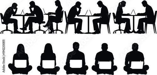 People working on laptops silhouette collection featuring office workers, remote freelancers, students studying, business meeting scenes, modern workplace activity, isolated black vector set