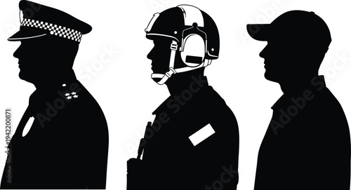 Security personnel and emergency service officer silhouettes in profile featuring police, aviation crew and guard roles isolated on white background