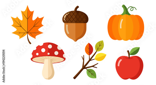 A colorful vector illustration of various autumnal icons including leaves, acorns, pumpkins, mushrooms, and apples.