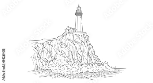 A minimalist line art illustration of a lighthouse on a rocky cliffside