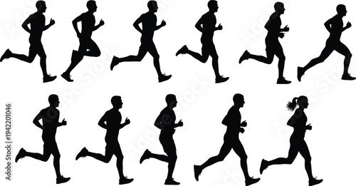 Set of running athlete silhouettes in side view showing jogging motion sequence, isolated black figures of men and woman, fitness training, marathon, sport activity