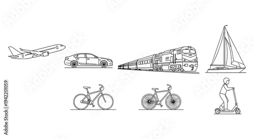 A minimalist vector graphic illustration of various transportation modes and people in simple line art style