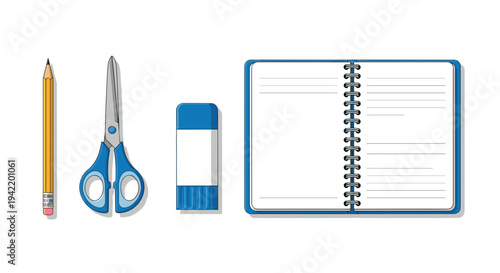 A set of school supplies including a pencil, scissors, eraser, and notebook on a white background