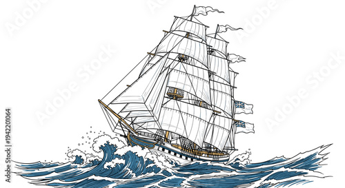 A vintage sailing ship navigating through rough seas in a minimalist vector illustration