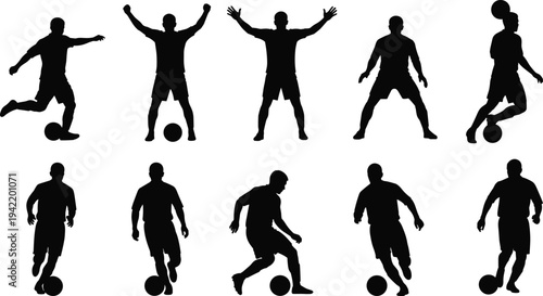 Soccer player silhouettes collection in action poses dribbling kicking and celebrating goals, football athletes black vector set isolated on white background