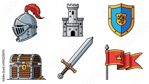A set of medieval icons including a knight's helmet, castle, shield, treasure chest, sword, and flag.
