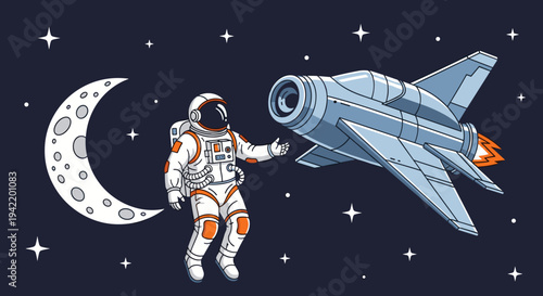 An astronaut in a white spacesuit floats in space next to a rocket and the moon.