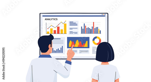 Vector illustration of two people analyzing business data on a screen
